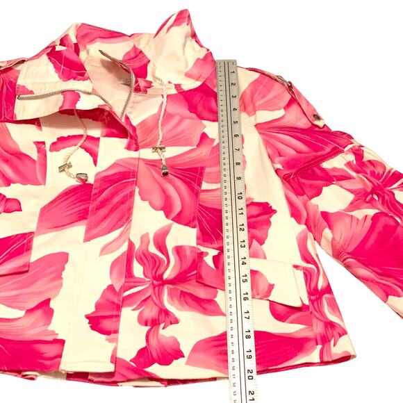 Cache Womens Jacket Pink White Bright Floral Sz. Small Balloon Sleeves Zip Front - Picture 9 of 15